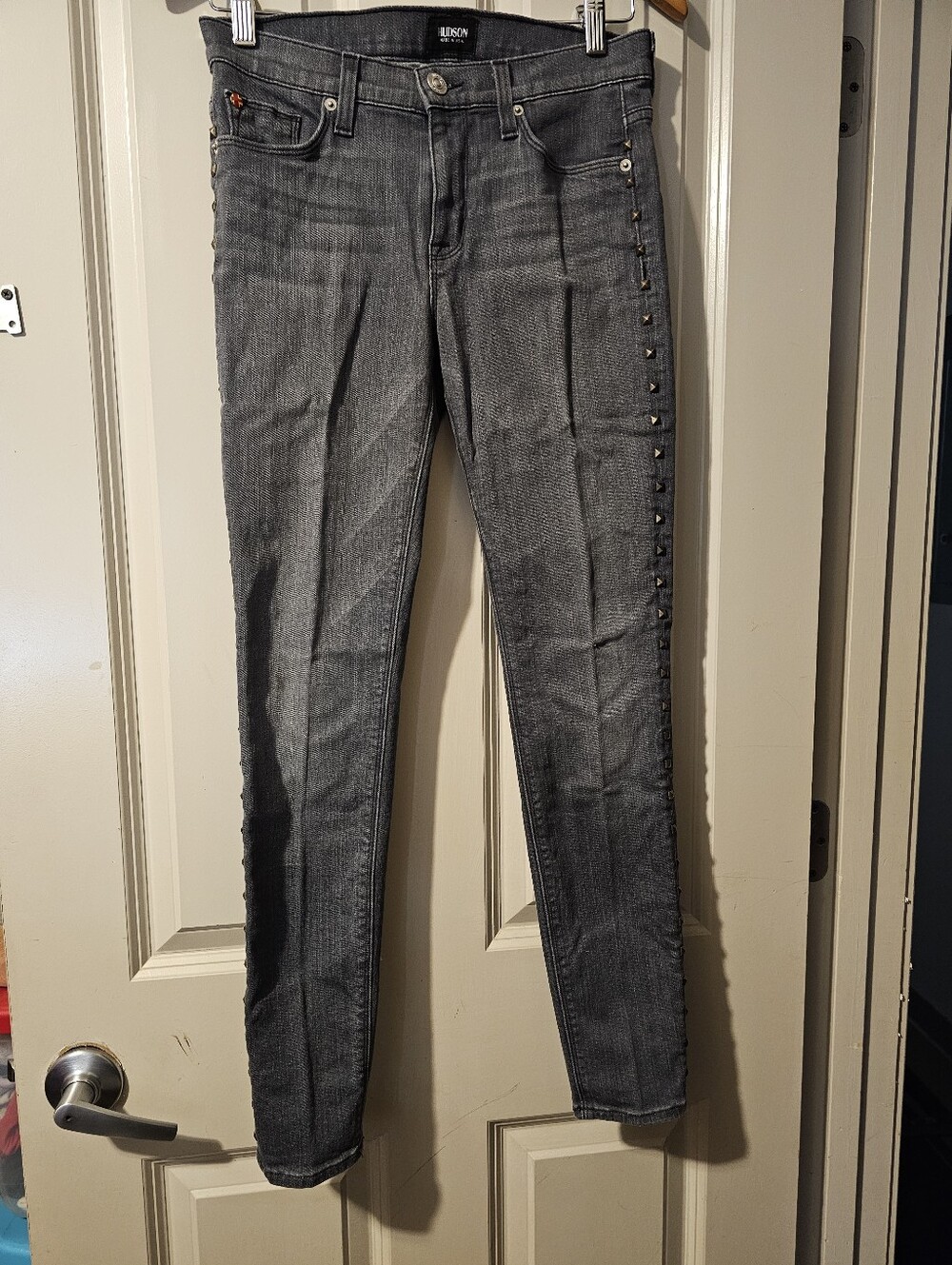 Hudson Jeans Grey Skinny Jeans with Pyramid Stud Trim